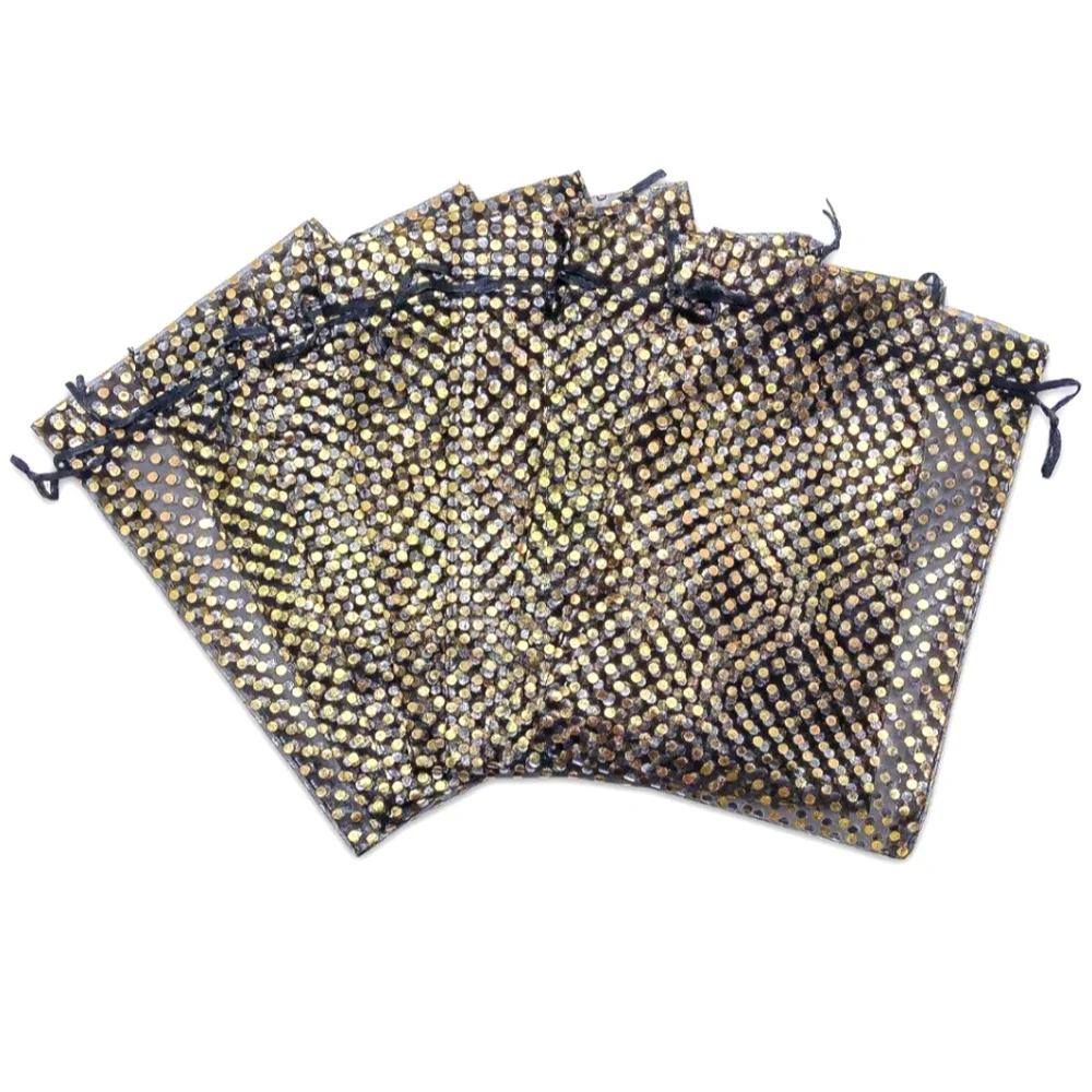 ✅️15 ct  6x8 Sheer Organza Gift Bags with Drawstring  - Polka Dot - Black/Gold